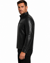 Cargar imagen en el visor de la galería, REED men's lambskin leather jacket with stand-up collar, front zip closure, black, perfect for winter, stylish and imported quality.