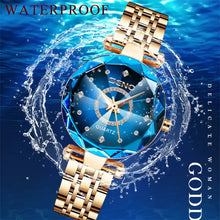 Cargar imagen en el visor de la galería, Elegant waterproof quartz watch with gold stainless steel band and blue gem-like dial, perfect for sophisticated women.