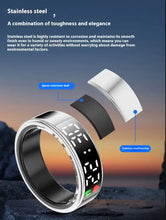 Load image into Gallery viewer, Smart ring with display screen showcasing stainless steel design and durability in a rugged outdoor setting.