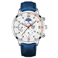 Load image into Gallery viewer, Men's casual leather watch with a white dial, blue leather strap, and multifunctional subdials, showcasing elegance and durability.