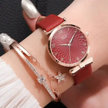Load image into Gallery viewer, Elegant Lige Watch with red leather strap and rose gold dial, paired with a star and crystal bracelet, on wrist.