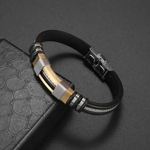 Cargar imagen en el visor de la galería, Classic hand woven multi-layered vegan leather bracelet for men, featuring black and gold alloy details, on a dark textured background.