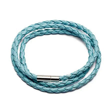 Load image into Gallery viewer, Sky blue PU braided leather bracelet with metal clasp, vegan leather fashion accessory.