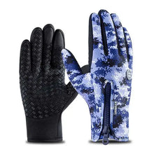 Load image into Gallery viewer, Waterproof outdoor sports gloves with blue camo pattern, touchscreen fingertips, and wrist zipper for winter activities.