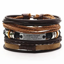 Load image into Gallery viewer, Men's leather bracelets with rugged design and inspirational Isaiah 54:17 verse, perfect for casual and formal occasions.