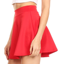 Load image into Gallery viewer, Red women's flared mini skater skirt, versatile and stretchy, made in USA, perfect for casual wear.