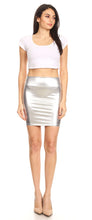 Load image into Gallery viewer, Metallic shiny stretchy pencil skirt small, waist 22"-23", length 15¾". Suitable for party wear, made in USA.