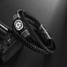 Cargar imagen en el visor de la galería, Classic black hand woven multi-layered vegan leather bracelet with stylish alloy accents for men