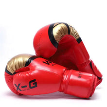 Load image into Gallery viewer, Red and gold adults kickboxing gloves made from premium PU leather with adjustable wrist strap, designed for comfort and durability.