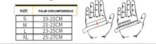 Load image into Gallery viewer, Glove size chart with palm circumference measurements: S (19-21cm), M (21-23cm), L (23-25cm), XL (25-27cm).