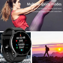 Load image into Gallery viewer, Smart Watch Men Fitness Bracelet showing sports modes with a woman exercising and sunset hiking scene in the background.