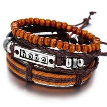 Load image into Gallery viewer, Multilayer leather bracelet with metal 'hope' tag and wooden beads, perfect for adding rugged elegance and durability to any look.