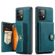 Cargar imagen en el visor de la galería, Vegan leather wallet card slot magnetic case for Samsung Galaxy, shown in teal color, with credit card and cash compartments.
