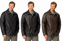 Load image into Gallery viewer, Three images of a man wearing a leather jacket in black, dark brown, and brown.