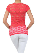 Load image into Gallery viewer, Back view of red floral lace tunic length tee with cap sleeves, perfect for layering