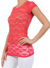 Load image into Gallery viewer, Woman wearing stretch floral lace cap sleeve tunic tee in red, featuring scoop neckline and slim fit, paired with white pants.