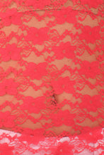 Load image into Gallery viewer, Close-up of red floral lace fabric from stretch cap sleeve tunic, perfect for layering