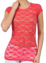 Load image into Gallery viewer, Model wearing a red stretch floral lace cap sleeve tunic tee, showcasing delicate sheer lace and a slim fit, ideal for layering.