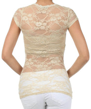 Load image into Gallery viewer, Back view of beige stretch floral lace cap sleeve tunic tee, showcasing delicate sheer lace design and slim fit.