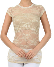Load image into Gallery viewer, Woman wearing stretch floral lace cap sleeve tunic tee, sheer design, scoop neckline, perfect for layering in beige color.