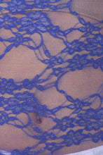 Load image into Gallery viewer, Close-up of blue floral lace fabric from a stretch tunic tee