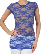 Load image into Gallery viewer, Blue floral lace cap sleeve tunic tee with sheer design, showcasing stretchy, slim fit style.