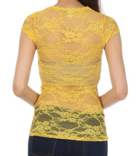 Load image into Gallery viewer, Back view of a yellow floral lace cap sleeve tunic tee, showcasing delicate sheer design, made in USA.
