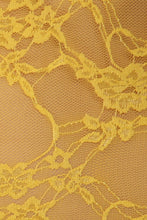 Load image into Gallery viewer, Close-up of yellow floral lace pattern on a fabric background, showcasing delicate and intricate design details.