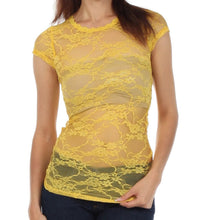 Load image into Gallery viewer, Yellow floral lace cap sleeve tunic tee with scoop neckline, sheer design, and slim fit, perfect for layering, made in USA.