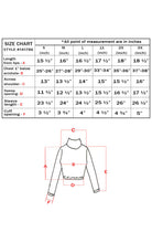 Charger l'image dans la galerie, Size chart and diagram for metallic mock neck turtleneck crop top with measurements for sizes S to 3X, made in USA.