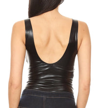 Load image into Gallery viewer, Woman wearing black metallic bodysuit leotard top, showing back design, sleeveless, shiny fabric, paired with jeans.