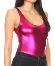 Load image into Gallery viewer, Women's metallic pink gymnastics leotard top, sleeveless, paired with dark jeans. Made in USA, stylish dance party wear.
