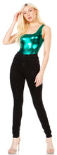 Load image into Gallery viewer, Woman wearing a shiny green metallic bodysuit top paired with black high-waisted pants and heels, standing against a white background.