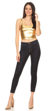 Charger l'image dans la galerie, Model wearing a stretchy sleeveless liquid metallic gold club crop tank top, paired with skinny jeans and heels, showcasing trendy clubwear fashion.