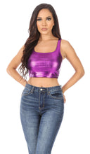 Charger l'image dans la galerie, Woman wearing purple metallic sleeveless crop tank top with jeans, made in USA