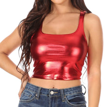 Charger l'image dans la galerie, Red stretchy sleeveless liquid metallic crop top worn with jeans, made in USA.
