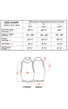 Load image into Gallery viewer, Size chart for mock neck turtleneck sleeveless scuba crop top in S, M, L with detailed measurements and diagram. Made in USA.