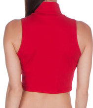 Load image into Gallery viewer, Back view of red sleeveless mock neck turtleneck scuba crop top, made in the USA, showing high neckline and shoulder cut design.