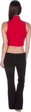 Load image into Gallery viewer, Back view of a model wearing a red mock neck turtleneck sleeveless scuba crop top paired with black pants, showcasing fashion fit.