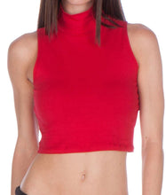 Load image into Gallery viewer, Red mock neck sleeveless turtleneck crop top, Made in USA, stylish and fitted for casual wear. Model wearing size small.