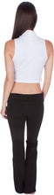 Load image into Gallery viewer, Back view of a model wearing a white mock neck sleeveless scuba crop top paired with black pants.