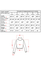 Load image into Gallery viewer, Size chart for Matte Liquid Mock Neck Turtleneck Long Sleeve Crop Top, showing measurements for multiple sizes in inches, style 6871.