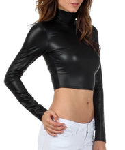 Load image into Gallery viewer, Black matte liquid mock neck turtleneck long sleeve crop top, made in USA, close-up view on model wearing white pants.