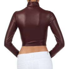 Load image into Gallery viewer, Back view of burgundy matte liquid mock neck turtleneck long sleeve crop top made in USA, paired with white jeans.