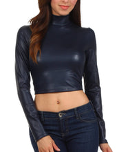 Load image into Gallery viewer, Matte liquid mock neck turtleneck long sleeve crop top in navy, made in USA, paired with jeans.