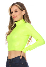Load image into Gallery viewer, Woman wearing a bright neon green matte liquid mock neck turtleneck long sleeve crop top, side view