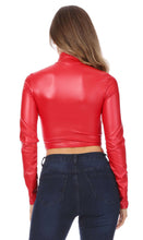 Load image into Gallery viewer, Back view of red matte liquid mock neck turtleneck long sleeve crop top, worn with dark jeans, showcasing a stylish USA-made design.