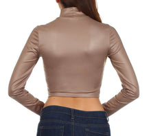Load image into Gallery viewer, Back view of matte liquid mock neck turtleneck long sleeve crop top, made in USA, paired with jeans.