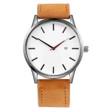 Cargar imagen en el visor de la galería, Leather Quartz Watch with vegan leather strap and silver case, unisex design, elegant and precise timekeeping.