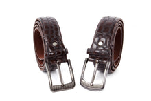 Charger l'image dans la galerie, Two dark brown crocodile-embossed leather belts with silver-tone metal buckles, arranged side by side on a plain white background.